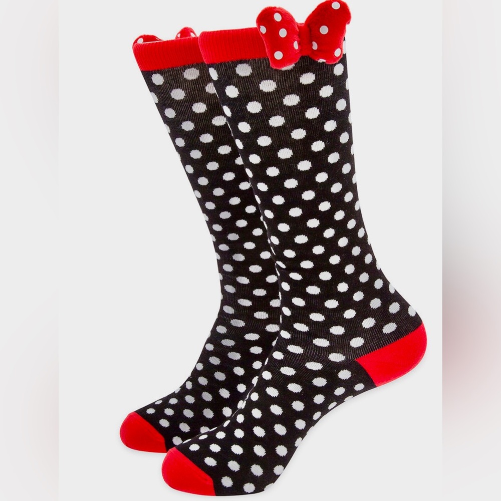 Disney Ladies Minnie Mouse, Black and White Polka Dot Socks with Red Accents